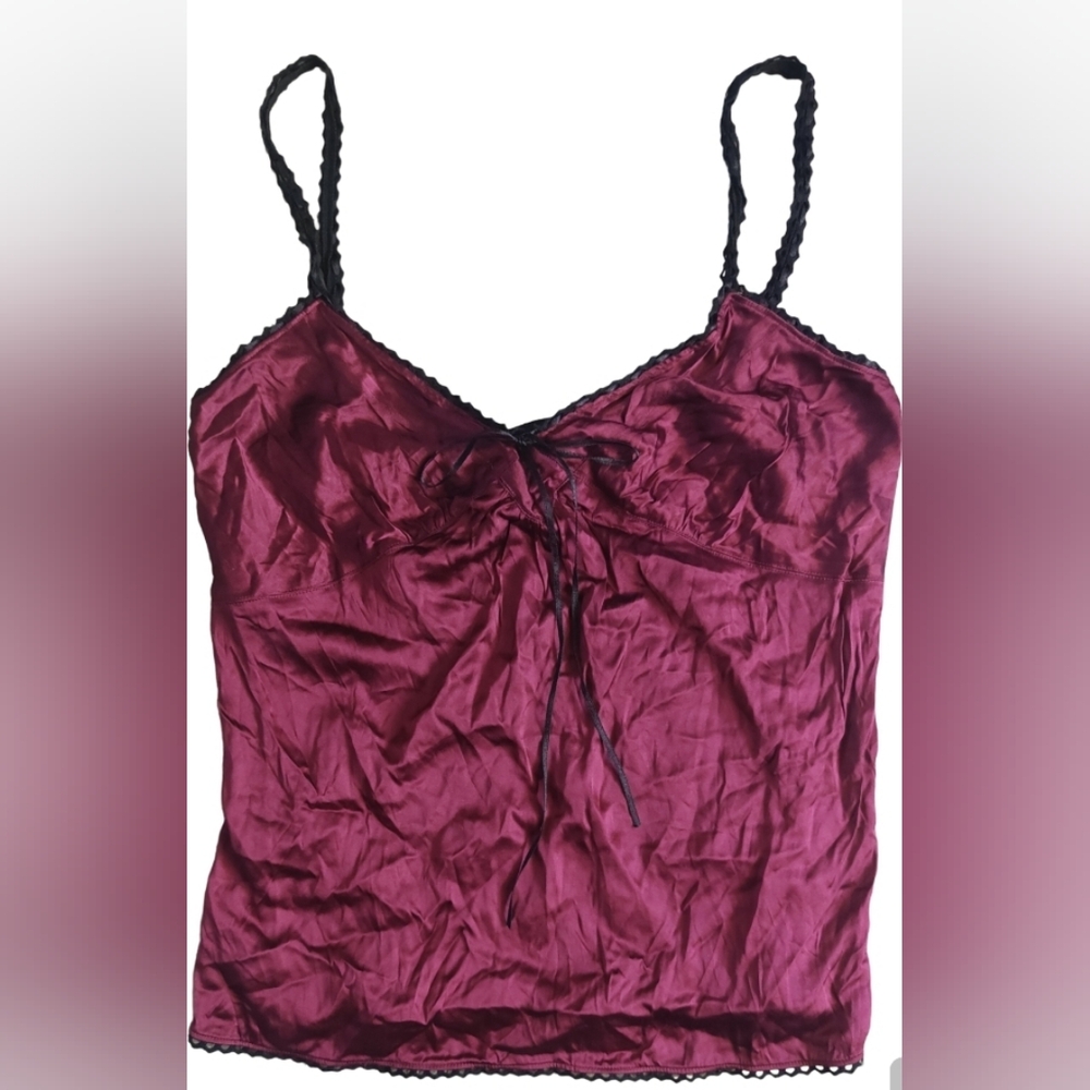 Express Burgundy Satin Camisole with Black Lace Accents